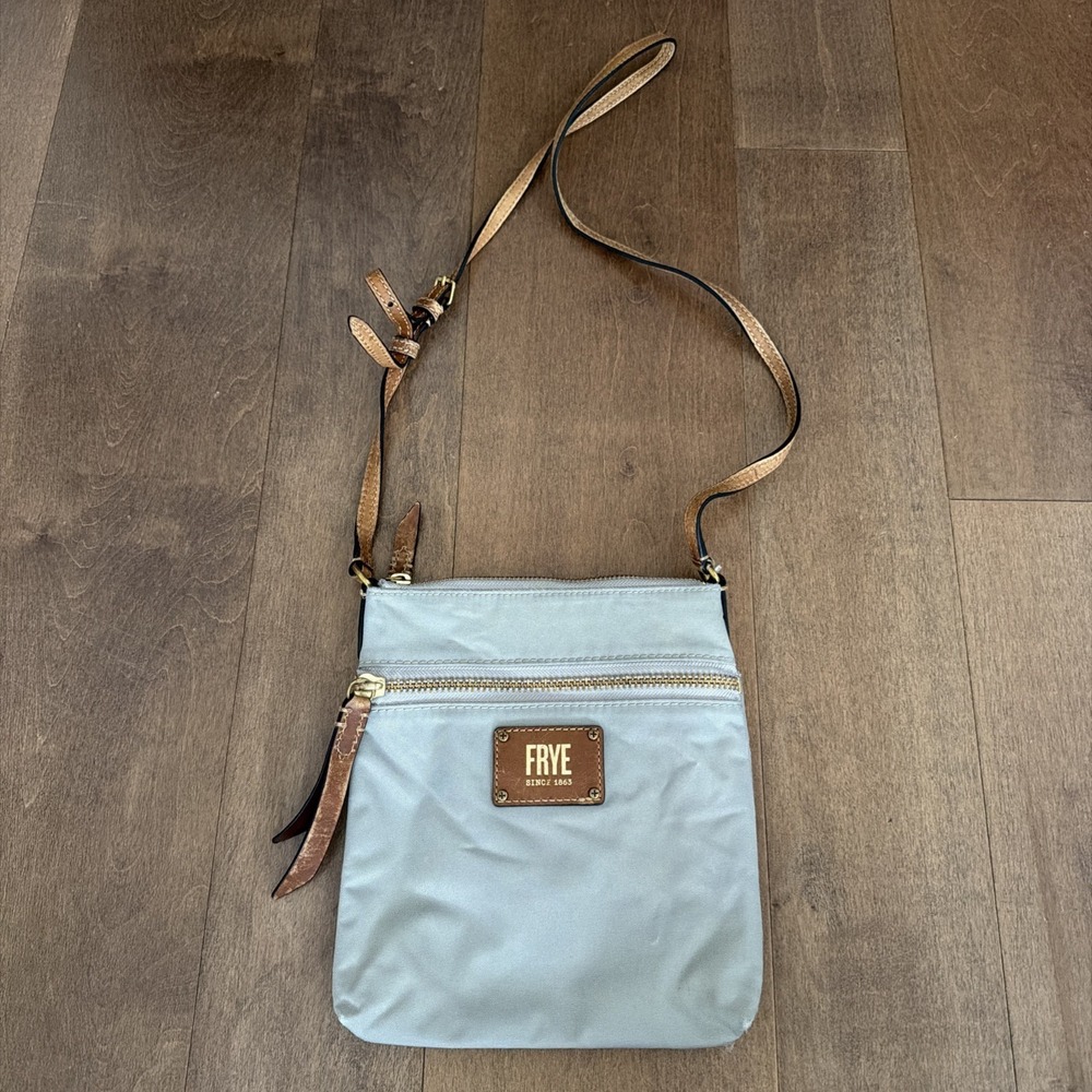 Frye Ivy Crossbody Shoulder Bag Women's Gray Nylon Brown Leather Trim Used